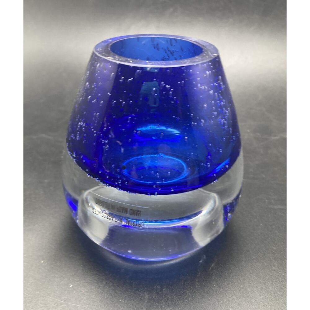 Cobalt Blue and Clear Bubbled Heavy Art Glass Candle Holder - Vintage